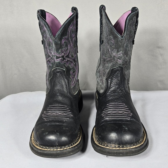 Ariat Fatbaby Western Boots Women 7B Black Leather Suede Purple Embroidery - Picture 9 of 11
